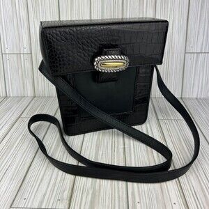 One World Brighton Vintage 80s 90s Black Croc Leather Box Crossbody Purse Bag